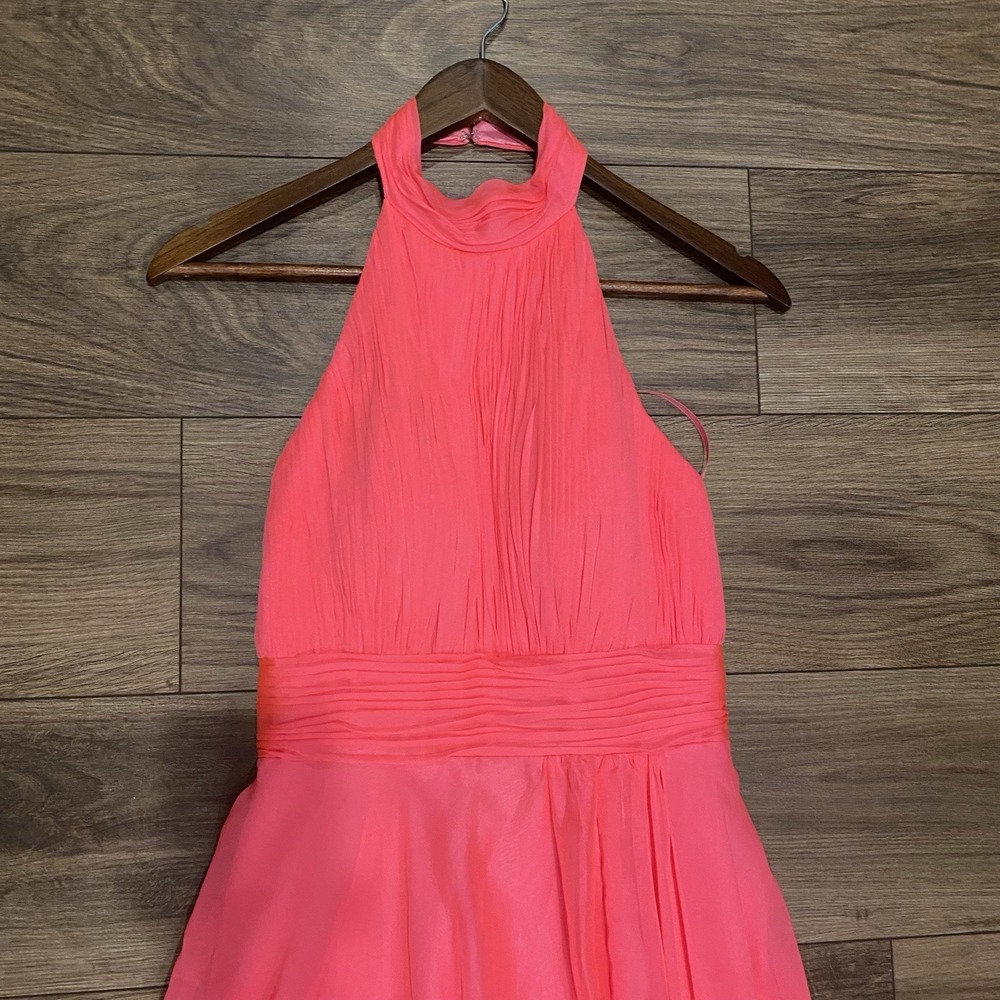 Mac Duggal Hot Pink High Neck Tiered Chiffon Halter Side Slit Gown Size 2 $258 - Picture 4 of 16